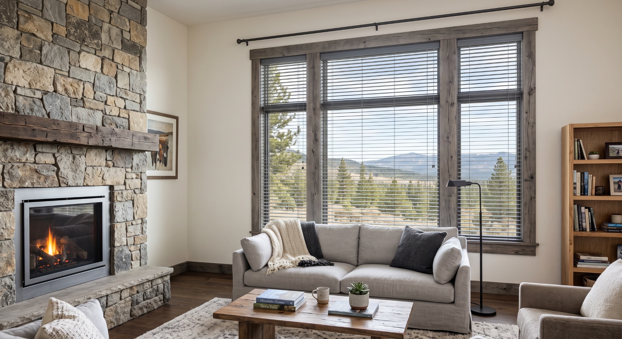 Weathered gray hardwood with slate gray wood blinds in a contemporary foothill living room